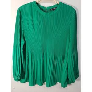 Adrianna Papell Women's Top Pleated Long Sleeve Blouse Emerald Green Medium, EUC